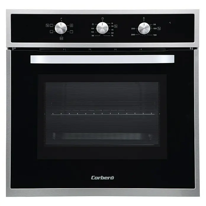 Corberó Horno empotrado CCHM603X - Volumen horno: 70 l, Número de tipos de calentamiento: 4 ud. - Primer plano de un horno encastrable Corberó con marco de acero inoxidable y frontal de cristal.