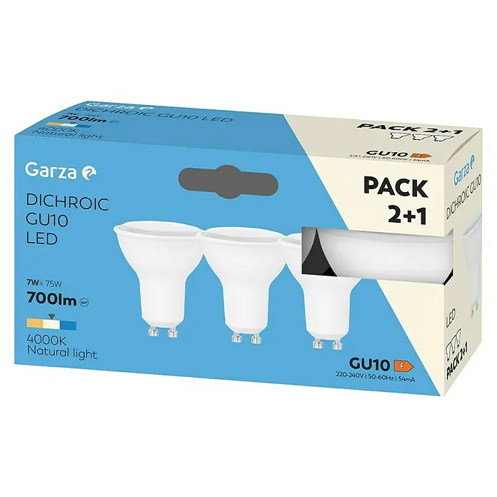 Garza Set de bombillas LED - GU10, Capacidad de atenuación: No regulable, Blanco neutro, 700 lm, 7 W, 3 ud. - Un paquete de bombillas LED GU10 de Garza, que proporciona una solución de iluminación eficiente y duradera.