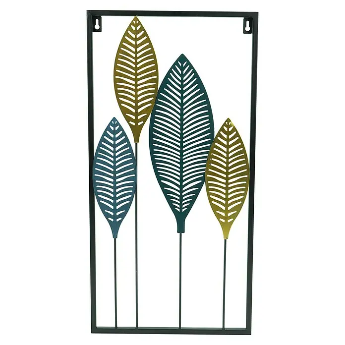 Wandobjekt - Blätter, 30,5 x 60 cm - Dekorative Wandkunst mit stilisierten Blättern in Gold- und Blautönen, eingefasst in einem schwarzen Rahmen. Ein elegantes Deko-Element für jeden Raum.