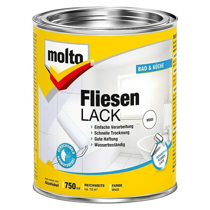 Molto Fliesenlack CreativWeiß, Glänzend, 750 ml - Dose Molto Fliesenlack für Bad & Küche in Weiß, 750ml. Geeignet für einfache Verarbeitung, schnelle Trocknung und ist wasserbeständig.
