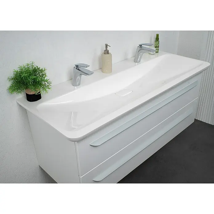 Lanzet M9 Einbauwaschbecken127,5 x 53,5 cm, Weiß, 2 Hahnlöcher - Elegantes Badezimmer-Waschbecken mit glänzender Oberfläche, Armaturen und stilvollem Unterschrank mit Schubladen für moderne Badgestaltung.