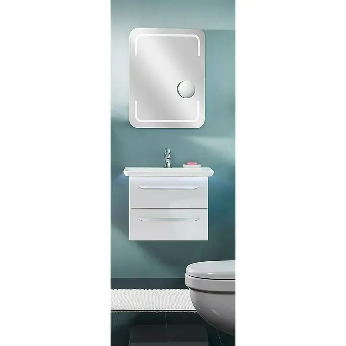 Lanzet M9 Einbauwaschbecken67,5 x 53,5 cm, Weiß, 1 Hahnloch - Das Bild zeigt ein modernes Badezimmer-Waschbecken mit Unterschrank, einem beleuchteten Spiegel und einer Toilette in einem stilvollen Design.