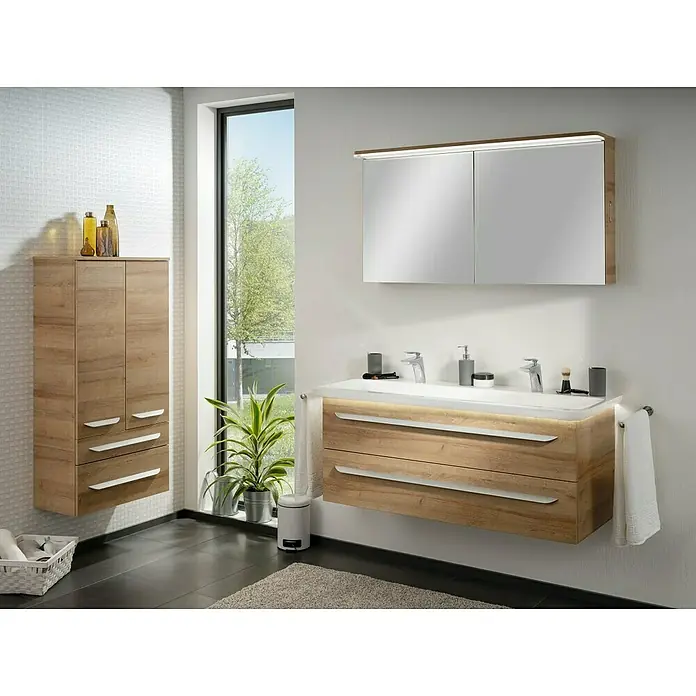 Lanzet M9 Einbauwaschbecken127,5 x 53,5 cm, Weiß, 2 Hahnlöcher - Modernes Badezimmer-Interieur mit Waschtischunterschrank in Holzoptik, Spiegelschrank und Hochschrank, die Stauraum und stilvolles Design vereinen.