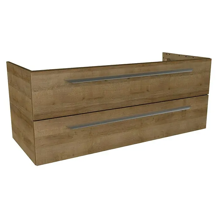 Lanzet M9 Badmöbel-Set M912B1 - 119,2 cm, Berg Eiche - Holzfarbener Badezimmerschrank mit zwei Schubladen und langen, silbernen Griffen. Der Waschtischunterschrank bietet viel Stauraum.