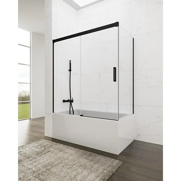 GME Pieza lateral para mampara de ducha Basic - An x Al: 69 x 150 cm, Vidrio transparente, Negro - Bañera blanca con mampara de ducha con marco negro, que aporta un toque moderno al baño.