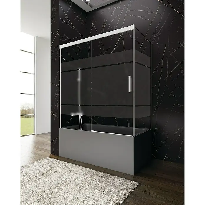 GME Pieza lateral para mampara de ducha Basic - An x Al: 69 x 150 cm, Vidrio serigrafiado, Blanco - Moderna zona de baño con bañera y elegante mampara de ducha con diseño de franjas esmeriladas.