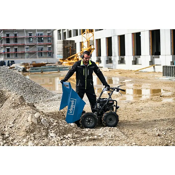 Scheppach Volquete con ruedas DP3000 - 4.100 W, 196 cm³, Capacidad volumétrica: 125 l, Gasolina - El mini dumper Scheppach DP5000 es un ayudante compacto y potente para el transporte de materiales a granel en obras.