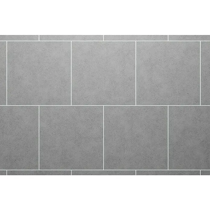 Art-Tec by Palazzo Feinsteinzeugfliese - 60 x 60 cm, Steel, Matt - Nahaufnahme von ineinandergreifenden, quadratischen und rechteckigen, grauen Betonpflastersteinen mit weißem Fugenmörtel. Diese erzeugen ein sauberes, modernes Muster.