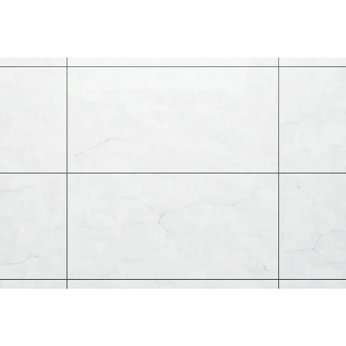 Feinsteinzeugfliese Onix Cloud - 60 x 120 cm, Weiß/Grau, Glänzend - Weißes Bodenfliesenmuster mit grauen Fugenlinien. Die quadratischen Fliesen haben eine subtile Marmorierung, die Eleganz und Schlichtheit vereint.