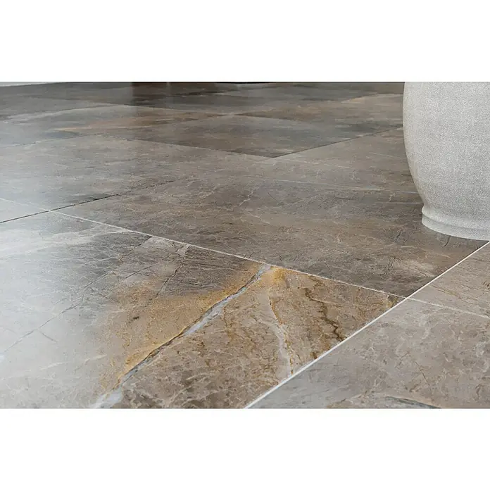 Feinsteinzeugfliese Etienne - 60 x 60 cm, Grau, Glänzend - Nahaufnahme von grauen Marmorfliesen mit subtilen Mustern, die eine elegante und moderne Bodenfläche zeigen.