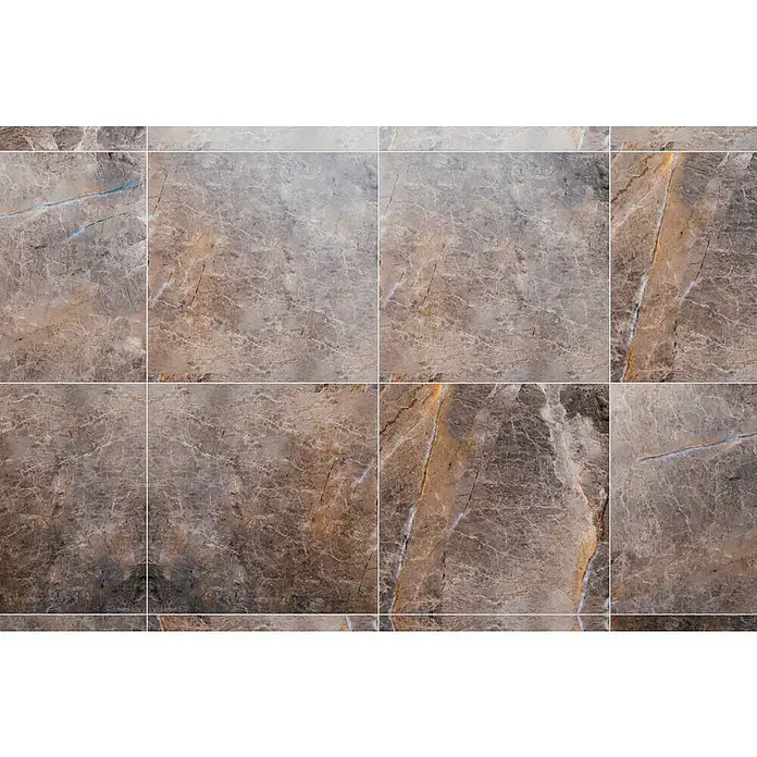 Feinsteinzeugfliese Etienne - 60 x 60 cm, Braun, Glänzend - Detailaufnahme eines Musters aus quadratischen, braunen Marmorfliesen mit einzigartigen Maserungen, die eine edle und natürliche Oberfläche zeigen.