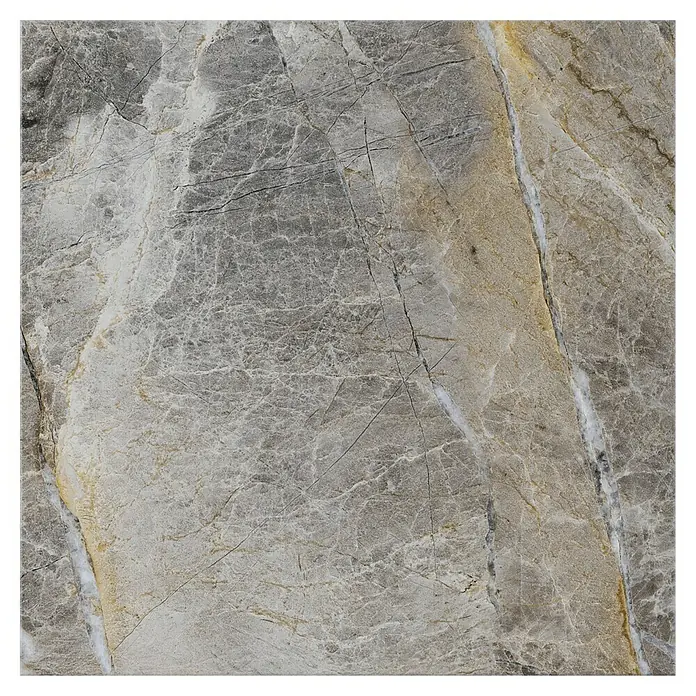 Feinsteinzeugfliese Etienne - 60 x 60 cm, Grau, Glänzend - Detailaufnahme einer Marmorfliese mit grauen und goldenen Mustern. Die Fliese zeigt feine Risse und Maserungen, ideal für hochwertige Innenräume.