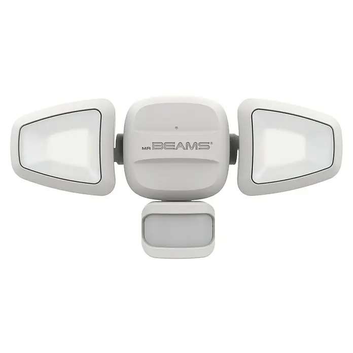 Mr. Beams LED-Strahler MB3200 - L x B x H: 27 x 9 x 10,5 cm, Neutralweiß, Weiß - Eine Nahaufnahme einer weißen Mr. Beams Sicherheitsleuchte mit zwei verstellbaren Strahlern und einem Bewegungssensor.