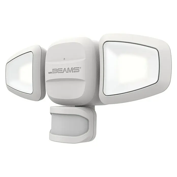Mr. Beams LED-Strahler MB3200 - L x B x H: 27 x 9 x 10,5 cm, Neutralweiß, Weiß - Eine weiße Mr. Beams Sicherheitsleuchte mit zwei Scheinwerfern und einem Bewegungssensor, die für den Außenbereich geeignet ist.