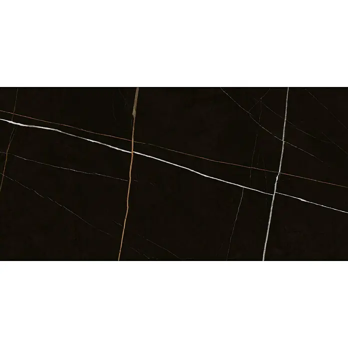 Pavimento porcelánico Sahara - 60 x 120 cm, Negro, Brillante, Rectificado - Elegante losa de mármol negro con finas vetas blancas y doradas para interiores de lujo.