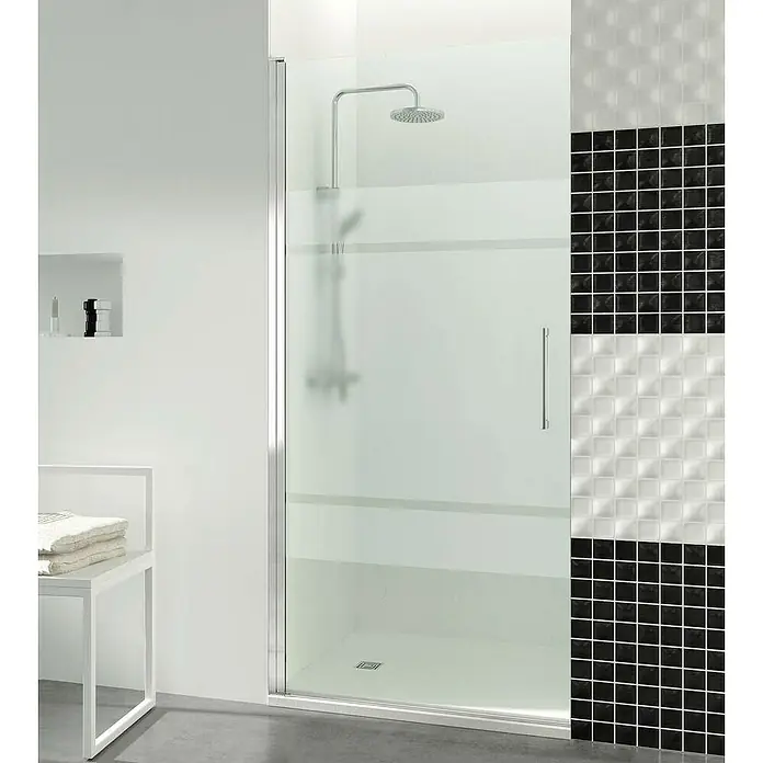 GME Mampara de ducha frontal Open Combi A - 50 x 195 cm, Vidrio serigrafiado, Plata brillo - Cabina de ducha con cristal esmerilado y azulejos blancos y negros. Diseño moderno para tu baño. Solución de ducha elegante.