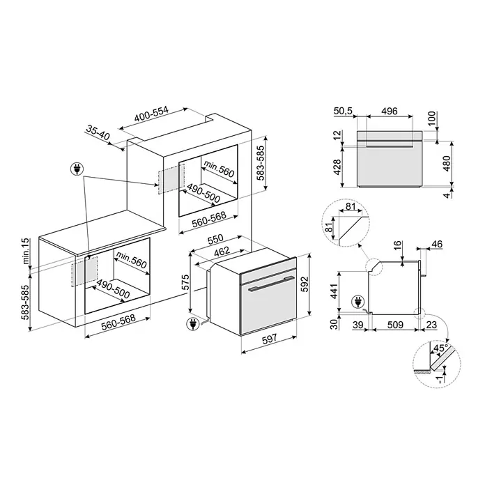 Smeg Horno empotrado SOP6101S2B3 - Número de tipos de calentamiento: 11 ud., Volumen horno: 68 l - Diagrama de un horno empotrado que muestra medidas de instalación detalladas, incluyendo dimensiones para la ebanistería y conexiones eléctricas.
