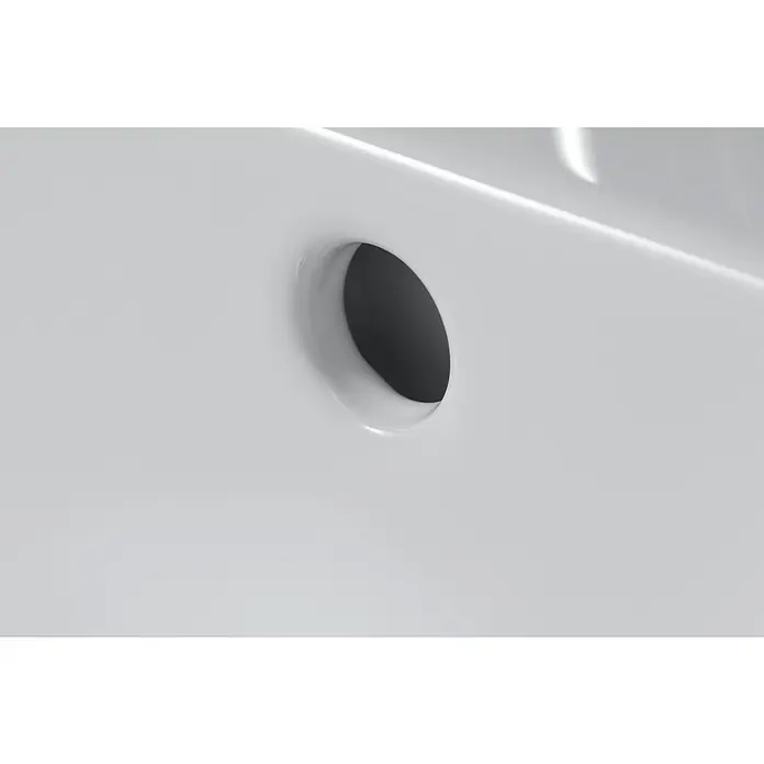 Duravit D-Code Waschtisch - 60 x 46 cm, Ohne Spezialglasur, Hahnloch: Mitte, Mit Überlauf, Weiß - Nahaufnahme eines weißen Waschbeckens mit einem runden Abflussloch, das einen sauberen und modernen Look zeigt.