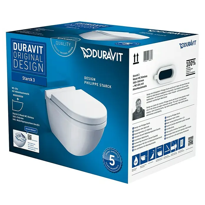 Duravit Starck 3 Wand-WC-Set - Spülrandlos, Mit antibakterieller Glasur, Spülform: Tief, WC Abgang: Waagerecht, Weiß - Produktverpackung für ein Duravit Starck 3 Wand-WC mit Absenkautomatik und Rimless-Design, ein Qualitätsprodukt mit 5 Jahren Garantie.