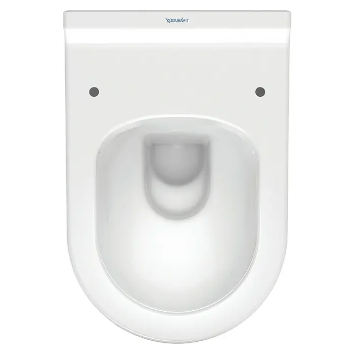Duravit Starck 3 Wand-WC - Spülrandlos, Mit antibakterieller Glasur, Spülform: Tief, WC Abgang: Waagerecht, Weiß - Draufsicht auf eine weisse Duravit Wand-WC-Keramik mit den typischen Befestigungslöchern. Das WC ist modern und hygienisch gestaltet.