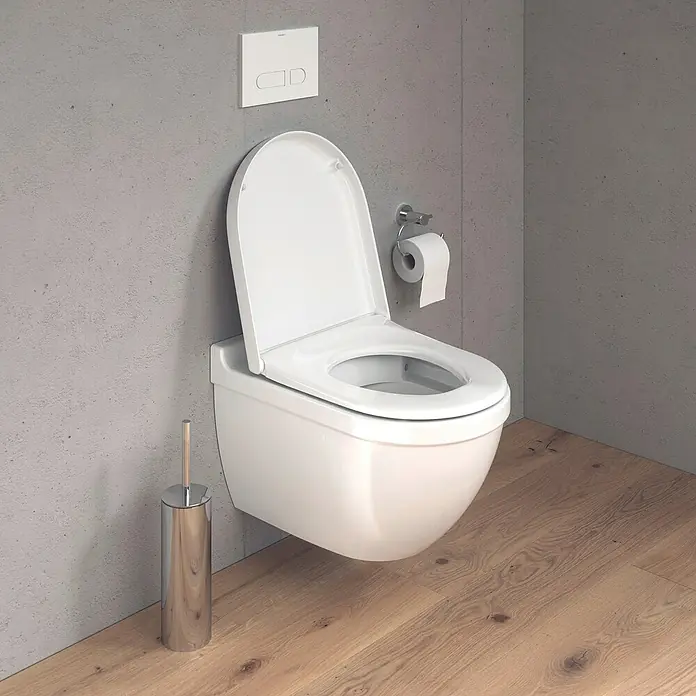 Duravit Starck 3 Wand-WC-Set - Spülrandlos, Mit antibakterieller Glasur, Spülform: Tief, WC Abgang: Waagerecht, Weiß - Ein modernes, wandhängendes WC in Weiß mit offenem Deckel, das für ein stilvolles Badezimmerdesign sorgt.