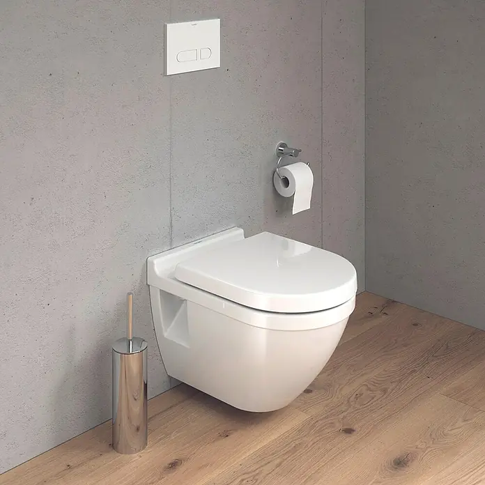 Duravit Starck 3 Wand-WC Typ 3 - Mit Spülrand, Ohne Spezialglasur, Spülform: Tief, WC Abgang: Waagerecht, Weiß - Wandhängendes WC in modernem Badezimmerdesign mit Betätigungsplatte und Toilettenpapierhalter.
