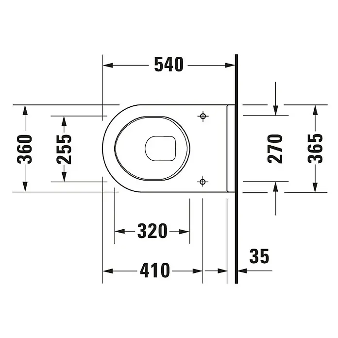 Duravit Starck 3 Wand-WC Typ 3 - Mit Spülrand, Ohne Spezialglasur, Spülform: Tief, WC Abgang: Waagerecht, Weiß - Technische Zeichnung eines wandhängenden WCs mit Maßangaben zu Dimensionen wie Breite, Tiefe und Höhe des Modells.
