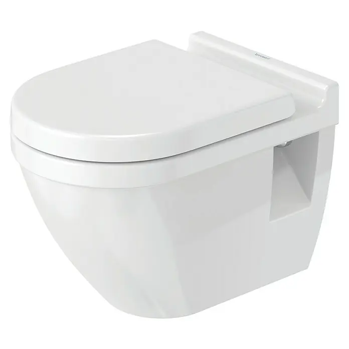 Duravit Starck 3 Wand-WC Typ 3 - Mit Spülrand, Ohne Spezialglasur, Spülform: Tief, WC Abgang: Waagerecht, Weiß - Nahaufnahme einer weißen Wandtoilette.