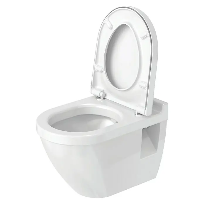 Duravit Starck 3 Wand-WC Typ 3 - Mit Spülrand, Ohne Spezialglasur, Spülform: Tief, WC Abgang: Waagerecht, Weiß - Ein schwebendes, weißes Wand-WC mit geöffnetem Deckel, das moderne Design und Funktionalität vereint.