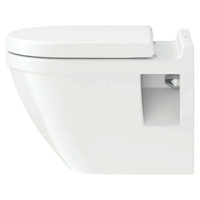 Duravit Starck 3 Wand-WC Typ 3 - Mit Spülrand, Ohne Spezialglasur, Spülform: Tief, WC Abgang: Waagerecht, Weiß - Seitenansicht einer modernen, wandhängenden Toilette in strahlendem Weiß. Elegantes Design für zeitgemäße Badezimmer.
