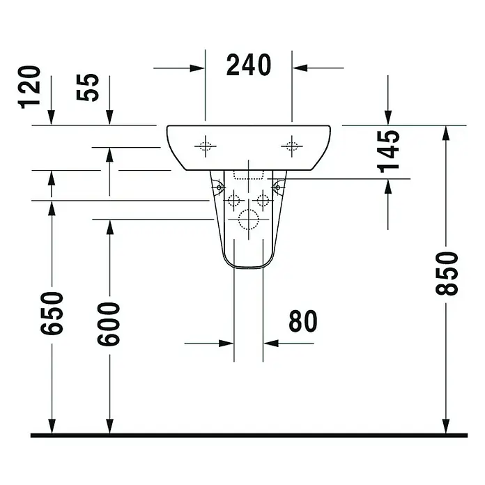 Duravit D-Code Waschbecken - 45 x 34 cm, Ohne Spezialglasur, Hahnloch: Mitte, Mit Überlauf, Weiß - Technische Zeichnung eines Waschbeckens mit Maßangaben. Die Abmessungen sind in Millimetern angegeben und zeigen Höhe, Breite und Tiefe des Waschbeckens.