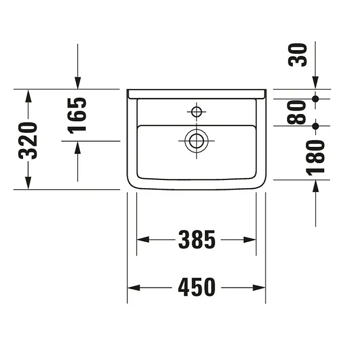 Duravit Starck 3 Waschbecken - 45 x 32 cm, Ohne Spezialglasur, Hahnloch: Mitte, Mit Überlauf, Weiß - Technische Zeichnung des Waschtischs mit Maßangaben zu Breite, Höhe und Tiefe für die Installation.