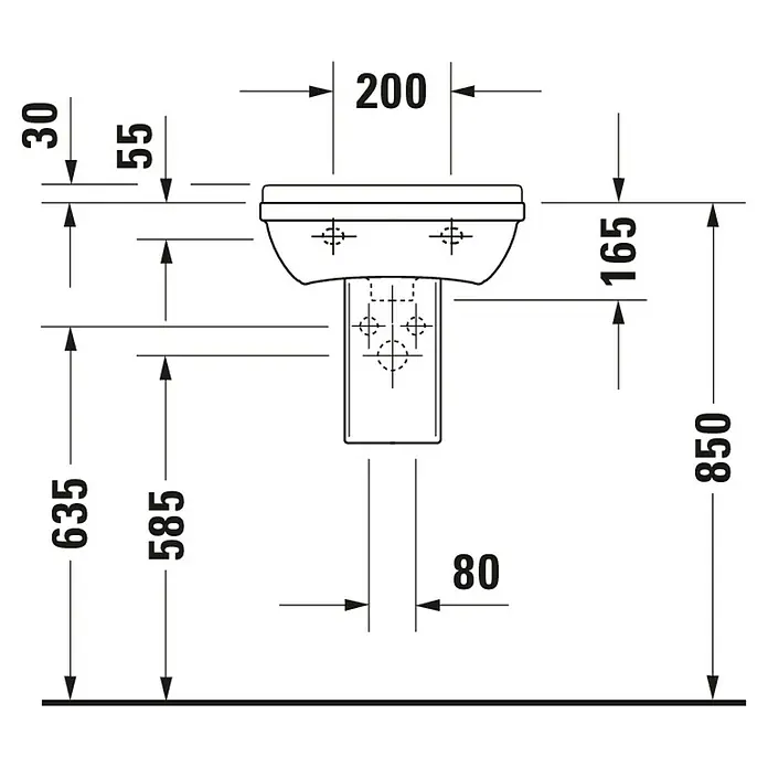 Duravit Starck 3 Waschbecken - 45 x 32 cm, Ohne Spezialglasur, Hahnloch: Mitte, Mit Überlauf, Weiß - Technische Zeichnung eines Waschbeckens mit Standfuß und Maßangaben für Installationszwecke.