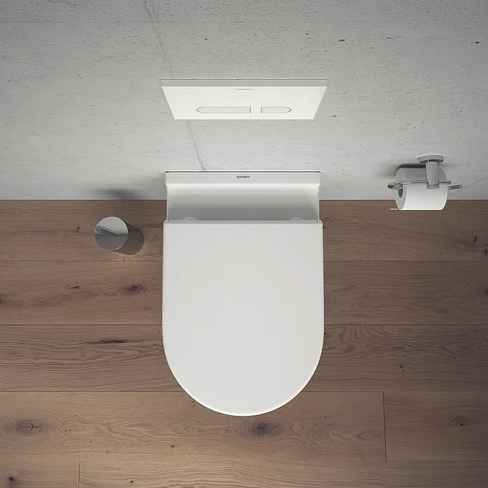 Duravit Starck 3 Wand-WC - Spülrandlos, Ohne Spezialglasur, Spülform: Tief, WC Abgang: Waagerecht, Weiß - Detaillierte Aufnahme einer Duravit Toilette, die modernes Design und Funktionalität in einem stilvollen Badezimmer vereint.