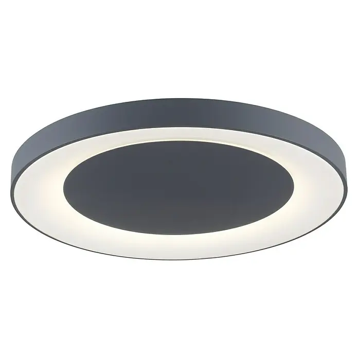 Just Light LED-Deckenleuchte rund ANIKA - 54 W, Ø x H: 70 x 7,7 cm, Grau, Mehrfarbig - Nahaufnahme einer modernen, runden LED-Deckenleuchte mit einem grauen Rahmen und einem hellen, diffusen Lichtkranz.