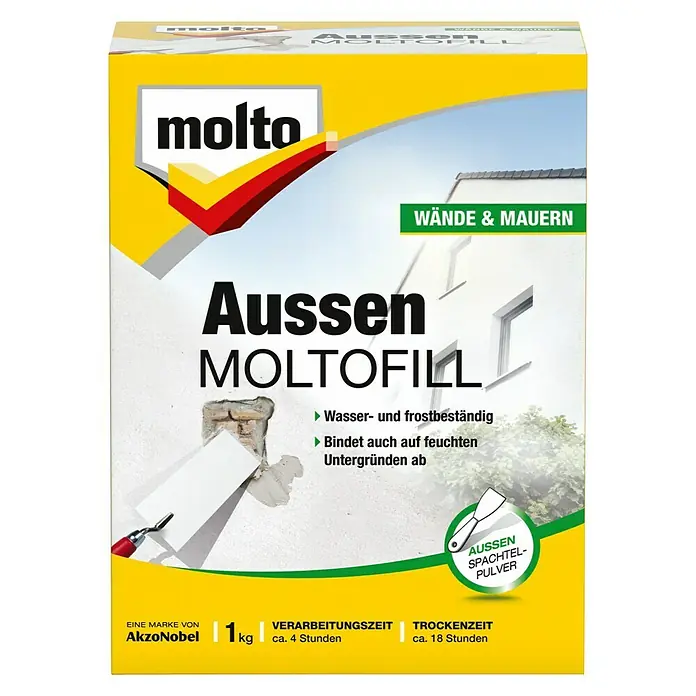 Molto Reparaturspachtel Außen-Moltofill - 1 kg - Produktbild von „Aussen Moltofill“ von Molto, einer Spachtelmasse für Wände und Mauern, die wasser- und frostbeständig ist.