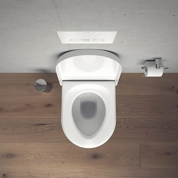 Duravit Starck 3 Wand-WC Typ 3 - Mit Spülrand, Ohne Spezialglasur, Spülform: Tief, WC Abgang: Waagerecht, Weiß - Ein elegantes, modernes wandhängendes WC mit Spülkasten und Betätigungsplatte, das ein minimalistisches Badezimmerdesign unterstreicht.