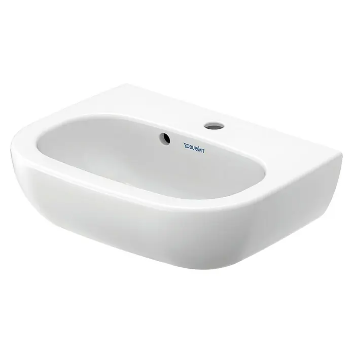 Duravit D-Code Waschbecken - 45 x 34 cm, Ohne Spezialglasur, Hahnloch: Mitte, Mit Überlauf, Weiß - Ein weißes Duravit-Waschbecken zur Wandmontage, ideal für moderne Badezimmer. Seine klare Form und das minimalistische Design machen es zu einem Hingucker.