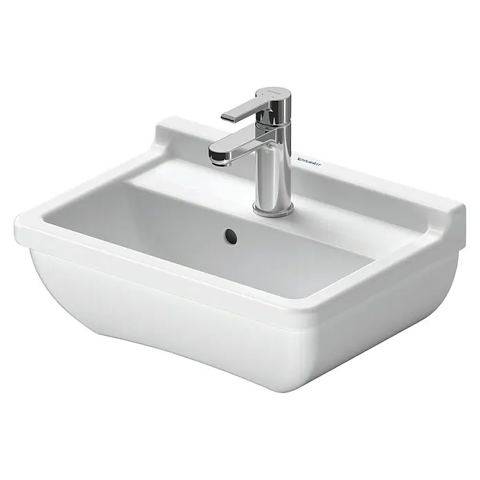 Duravit Starck 3 Waschbecken - 45 x 32 cm, Ohne Spezialglasur, Hahnloch: Mitte, Mit Überlauf, Weiß - Bild einer weißen Duravit Waschbecken mit einem modernen Chromhahn, ideal für stilvolle Badezimmer.
