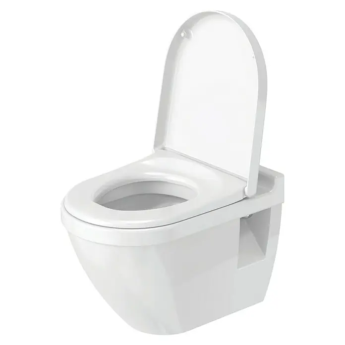 Duravit Starck 3 Wand-WC Typ 3 - Mit Spülrand, Ohne Spezialglasur, Spülform: Tief, WC Abgang: Waagerecht, Weiß - Ein modernes, wandhängendes WC mit offenem Deckel. Die schlichte, weiße Sanitärkeramik passt in jedes Badezimmer.