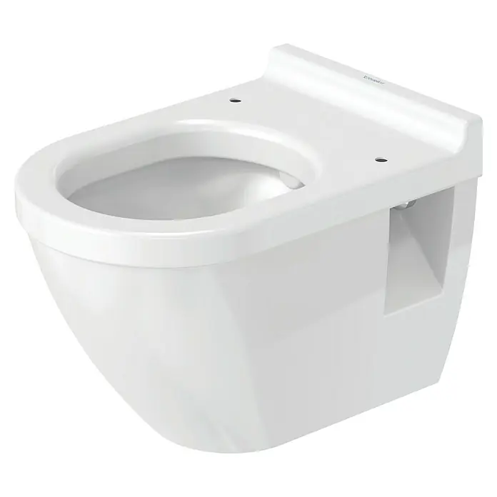 Duravit Starck 3 Wand-WC Typ 3 - Mit Spülrand, Ohne Spezialglasur, Spülform: Tief, WC Abgang: Waagerecht, Weiß - Nahaufnahme einer wandhängenden Duravit Toilette in Weiß. Das moderne Design zeichnet sich durch klare Linien und eine kompakte Form aus.