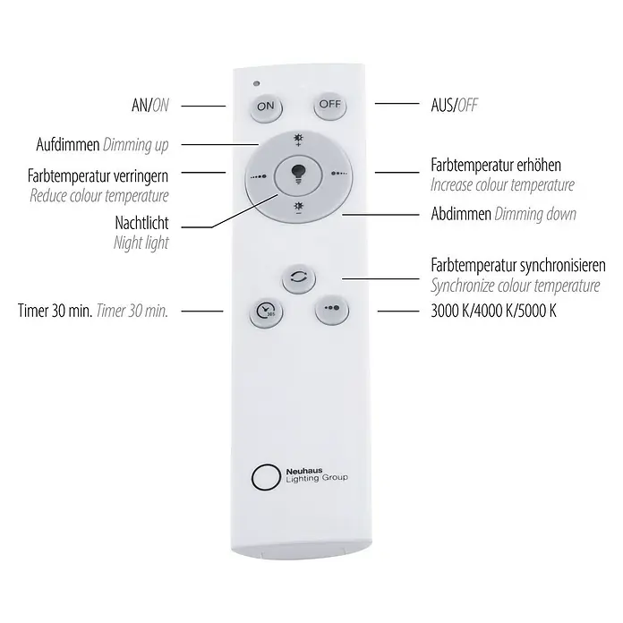 Just Light LED-Deckenleuchte rund ANIKA - 54 W, Ø x H: 70 x 7,7 cm, Grau, Mehrfarbig - Eine Nahaufnahme einer weißen Fernbedienung für eine Lampe mit verschiedenen Tasten zur Steuerung von Licht und Farbe.