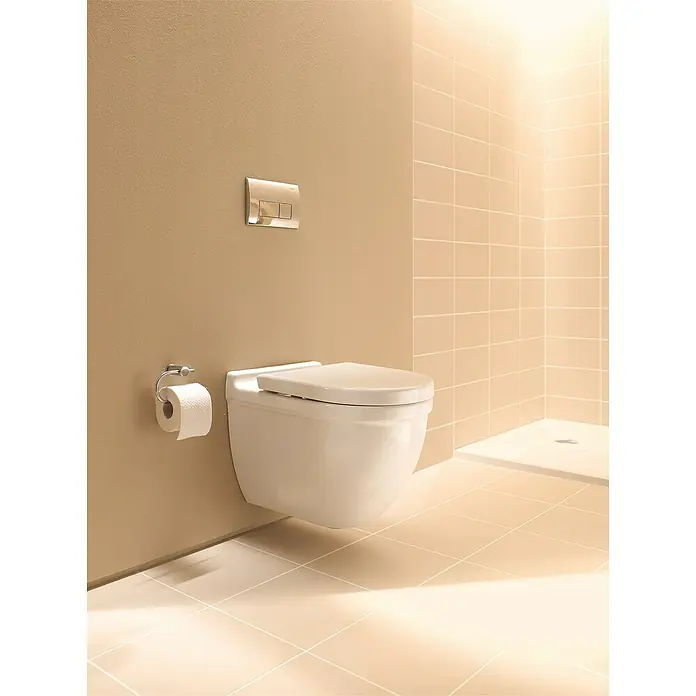 Duravit Starck 3 Wand-WC - Spülrandlos, Mit antibakterieller Glasur, Spülform: Tief, WC Abgang: Waagerecht, Weiß - Eine wandhängende Toilette in einem modernen Badezimmer mit einer sauberen Ästhetik und einem minimalistischen Design.