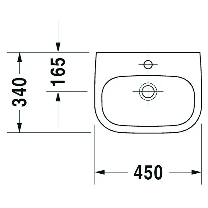 Duravit D-Code Waschbecken - 45 x 34 cm, Ohne Spezialglasur, Hahnloch: Mitte, Mit Überlauf, Weiß - Schema des Waschtischs mit Maßen für die Installation. Abmessungen: 340 x 450 x 165 mm.