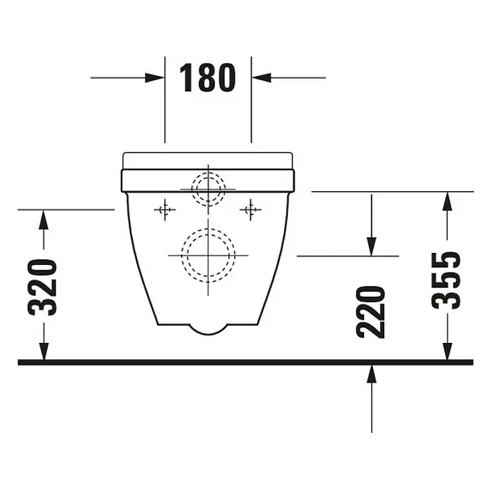Duravit Starck 3 Wand-WC Typ 3 - Mit Spülrand, Ohne Spezialglasur, Spülform: Tief, WC Abgang: Waagerecht, Weiß - Technische Zeichnung einer Duravit Wandtoilette mit den Maßen 180mm, 320mm, 355mm und 220mm.