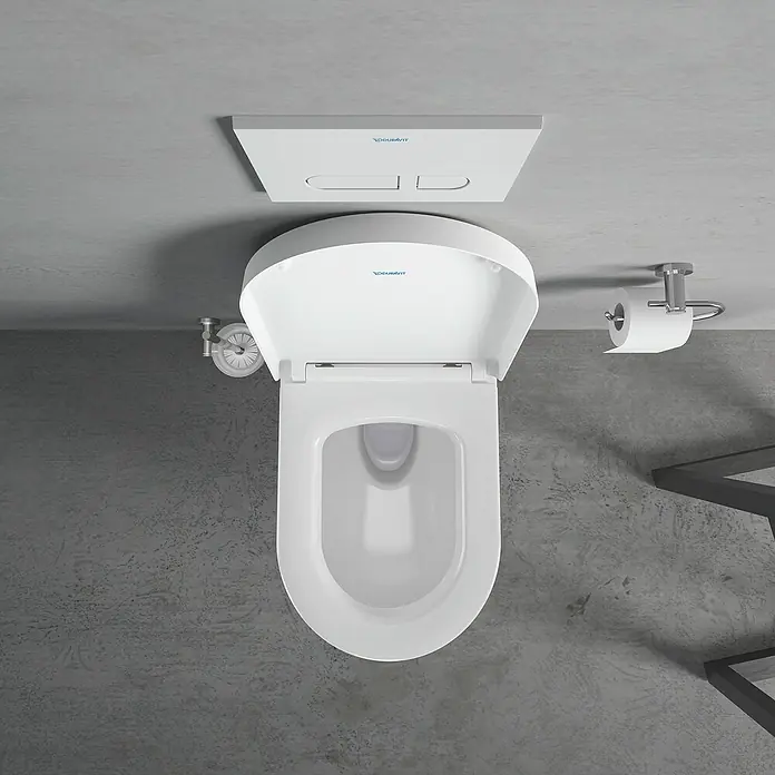 Duravit ME by Starck Wand-WC-Set Typ 1 - Spülrandlos, Ohne Spezialglasur, Spülform: Tief, WC Abgang: Waagerecht, Weiß - Eine Draufsicht auf eine weiße Duravit Toilette mit offenem Deckel, Spülkasten und Toilettenpapierhalter vor grauem Hintergrund.