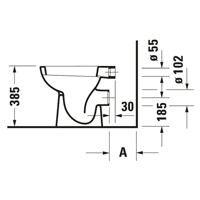 Duravit D-Code Stand-WC - Mit Spülrand, Ohne Spezialglasur, Spülform: Tief, WC Abgang: Waagerecht, Weiß - Skizze einer Toilette mit Maßen für Höhe (385), Abstand (30) und Durchmesser (55/102), ideal für Badplanung.\n
