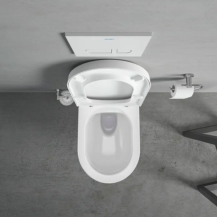 Duravit ME by Starck Wand-WC-Set Typ 1 - Spülrandlos, Ohne Spezialglasur, Spülform: Tief, WC Abgang: Waagerecht, Weiß - Ein hochmodernes, wandhängendes Duravit-WC in strahlendem Weiß mit offenem Spülrand und integrierter Spülkastenbedienung.