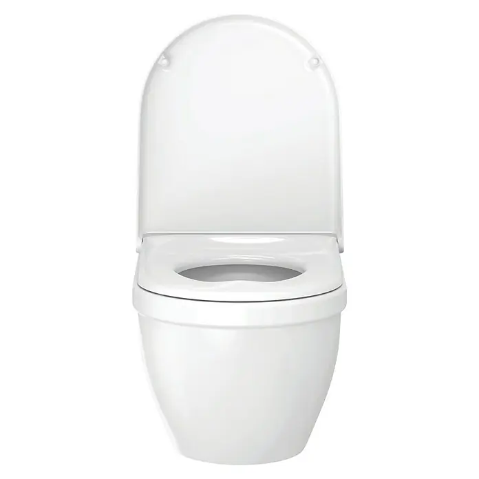 Duravit Starck 3 Wand-WC - Spülrandlos, Mit antibakterieller Glasur, Spülform: Tief, WC Abgang: Waagerecht, Weiß - Nahaufnahme einer weißen Toilette mit geöffnetem Deckel, die ein sauberes und modernes Design zeigt. Ideal für minimalistische Badezimmer.