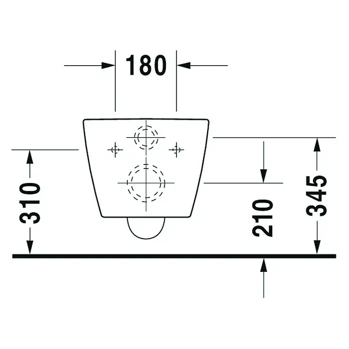 Duravit ME by Starck Wand-WC-Set Typ 1 - Spülrandlos, Ohne Spezialglasur, Spülform: Tief, WC Abgang: Waagerecht, Weiß - Technische Zeichnung einer Wandtoilette mit Bemaßung für die Installation, einschließlich Höhe und Abstand der Befestigungspunkte.